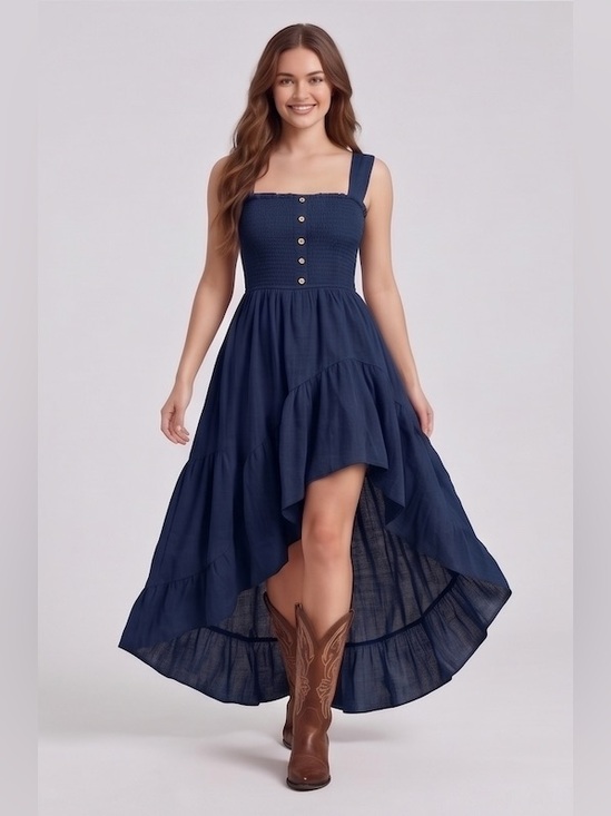 By Design Dresses & Skirts - Strapless Smocked High-Low Maxi Dress with Buttons Navy